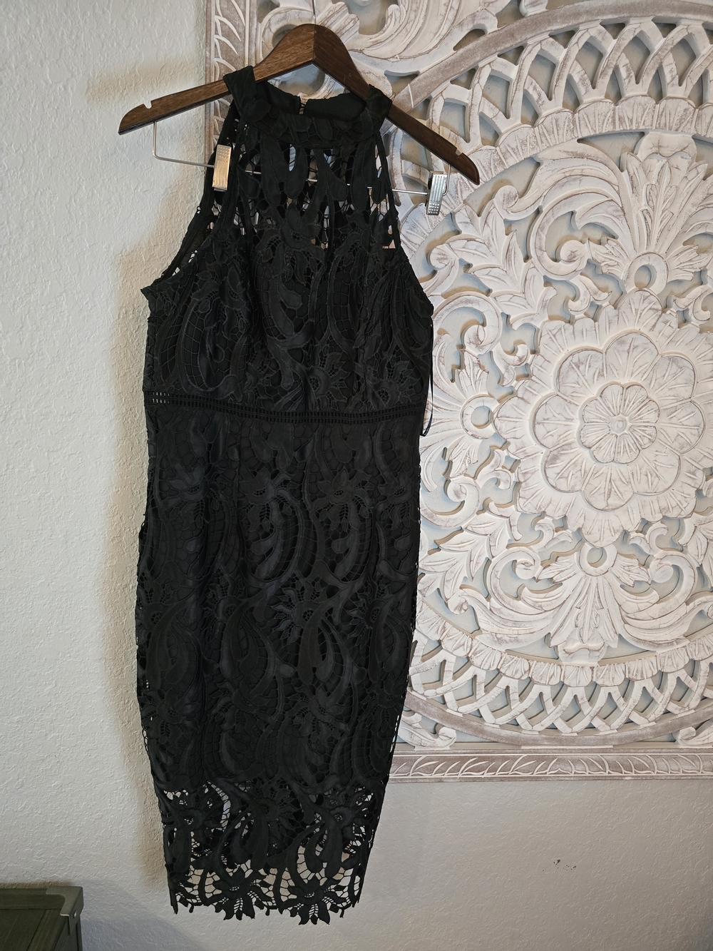 Bardot Dress 8 Womens Black Gemma Halter Floral Lace Overlay Midi Bodycon Sheath - Picture 2 of 9